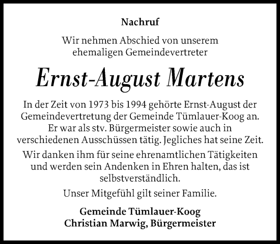 Traueranzeige von Ernst-August Martens von Husumer Nachrichten, Nordfriesland Tageblatt