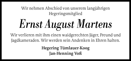 Traueranzeige von Ernst-August Martens von Husumer Nachrichten, Nordfriesland Tageblatt