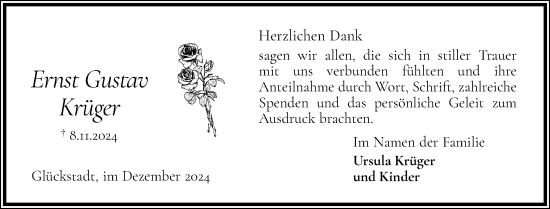Traueranzeige von Ernst Gustav Krüger von Norddeutsche Rundschau, Wilstersche Zeitung, Glückstädter Fortuna