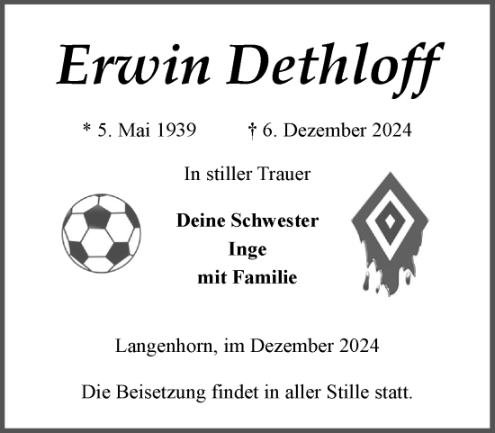 Traueranzeige von Erwin Dethloff von Husumer Nachrichten, Nordfriesland Tageblatt