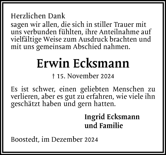 Traueranzeige von Erwin Ecksmann von Holsteinischer Courier