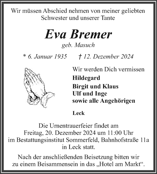Traueranzeige von Eva Bremer von Husumer Nachrichten, Nordfriesland Tageblatt