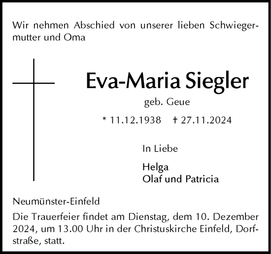 Traueranzeige von Eva-Maria Siegler von Holsteinischer Courier
