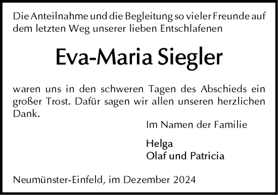 Traueranzeige von Eva-Maria Siegler von Holsteinischer Courier
