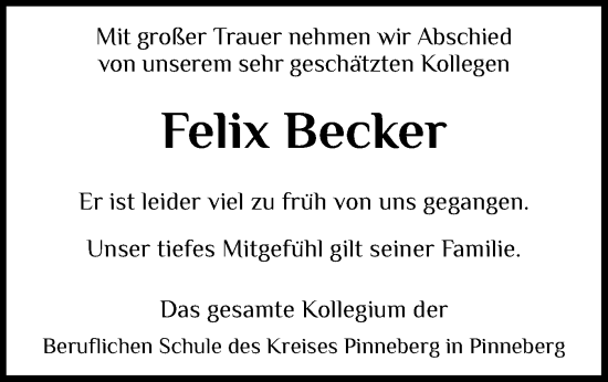 Traueranzeige von Felix Becker von Region Pinneberg und tip Pinneberg