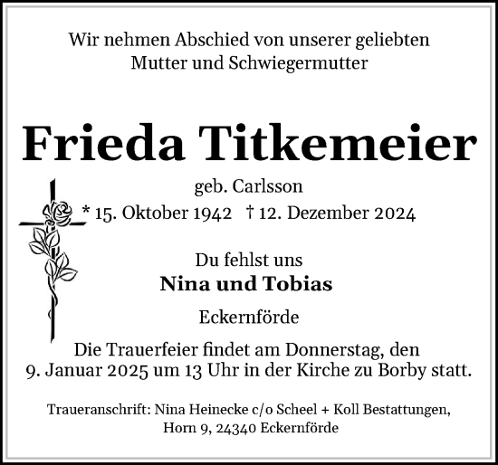Traueranzeige von Frieda Titkemeier von Eckernförder Zeitung, Hallo Eckernförde