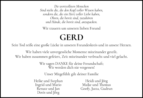 Traueranzeige von Gerd  von Husumer Nachrichten, Nordfriesland Tageblatt