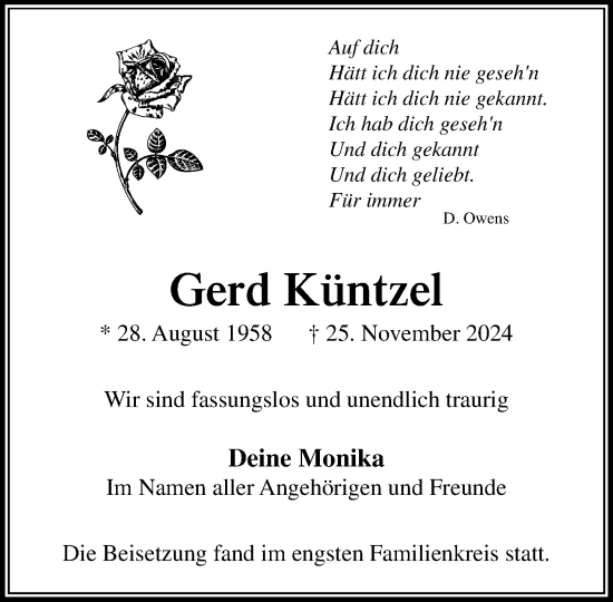 Traueranzeige von Gerd Küntzel von Stormaner Tageblatt