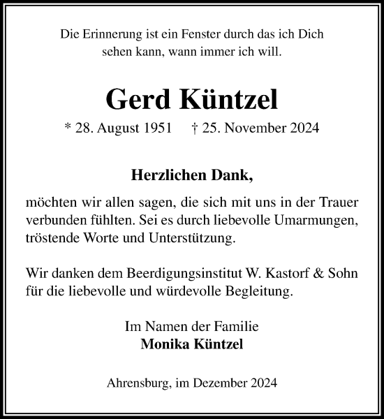 Traueranzeige von Gerd Küntzel von Stormaner Tageblatt