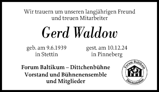 Traueranzeige von Gerd Waldow von Elmshorner Nachrichten, Barmstedter Zeitung