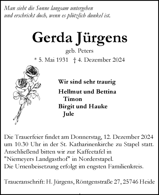 Traueranzeige von Gerda Jürgens von Husumer Nachrichten, Nordfriesland Tageblatt