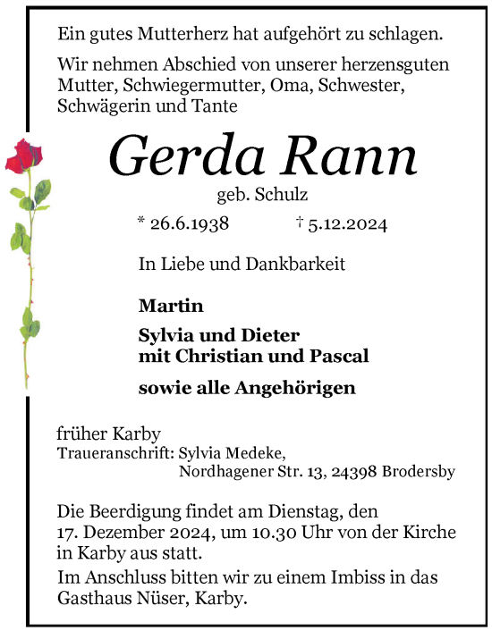 Traueranzeige von Gerda Rann von Schleswiger Nachrichten, Schlei-Bote