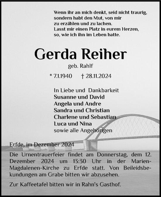 Traueranzeige von Gerda Reiher von Schleswig-Holsteinische Landeszeitung