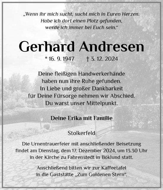 Traueranzeige von Gerhard Andresen von Schleswiger Nachrichten, Schlei-Bote