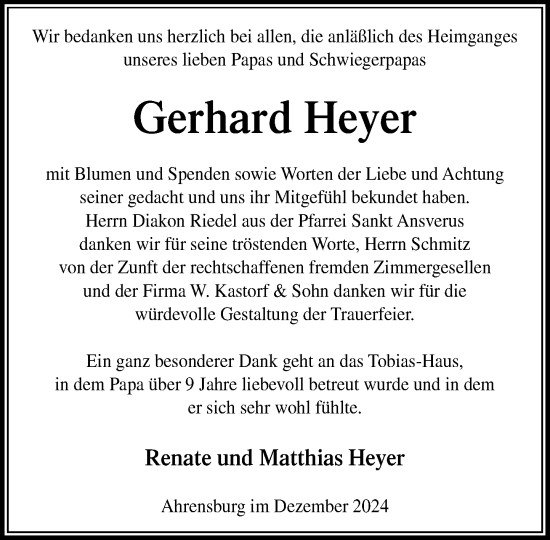 Traueranzeige von Gerhard Heyer von Stormaner Tageblatt