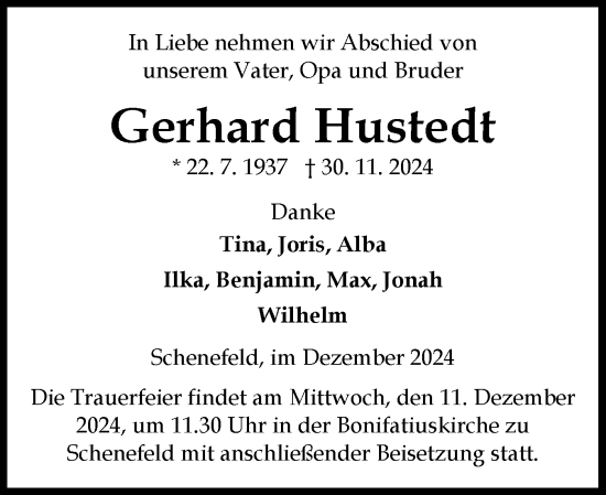 Traueranzeige von Gerhard Hustedt von Norddeutsche Rundschau, Wilstersche Zeitung, Glückstädter Fortuna