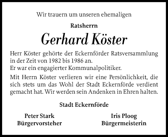 Traueranzeige von Gerhard Köster von Eckernförder Zeitung