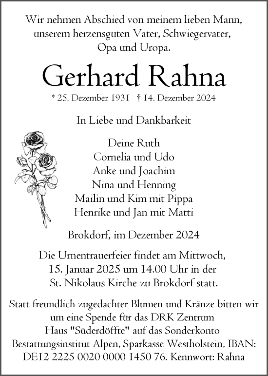Traueranzeige von Gerhard Rahna von Norddeutsche Rundschau, Wilstersche Zeitung, Glückstädter Fortuna