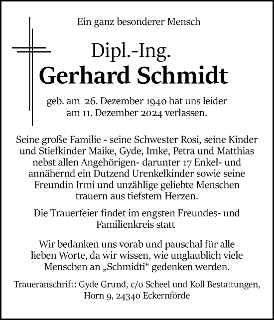 Traueranzeige von Gerhard Schmidt von Eckernförder Zeitung, Hallo Eckernförde