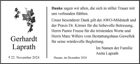 Traueranzeige von Gerhardt Laprath von Husumer Nachrichten, Nordfriesland Tageblatt