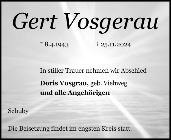 Traueranzeige von Gert Vosgerau von Schleswiger Nachrichten, Schlei-Bote