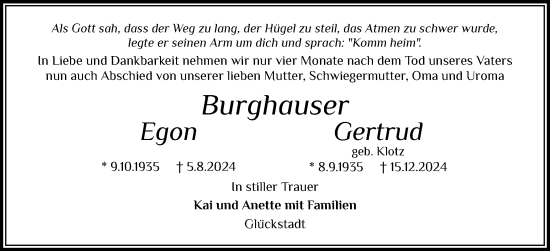 Traueranzeige von Gertrud Burghauser von Norddeutsche Rundschau, Wilstersche Zeitung, Glückstädter Fortuna