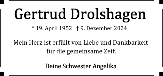 Traueranzeige von Gertrud Drolshagen von Flensburger Tageblatt