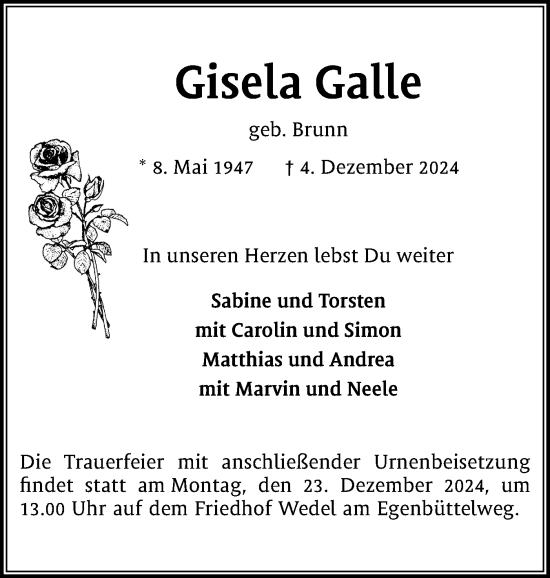 Traueranzeige von Gisela Galle von Wedel-Schulauer Tageblatt, tip Wedel-Schulauer Tageblatt, tip Rissener Rundschau