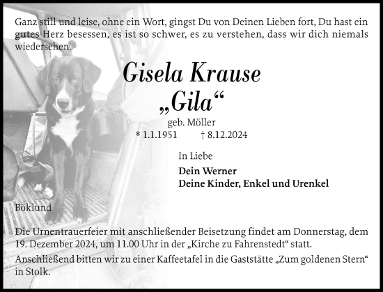 Traueranzeige von Gisela Krause von Schleswiger Nachrichten, Schlei-Bote