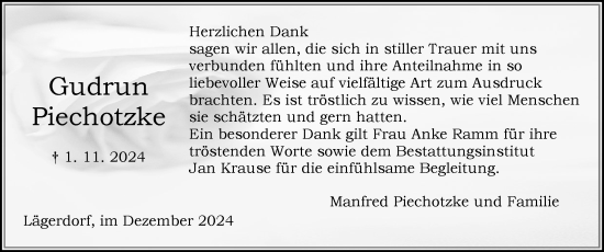 Traueranzeige von Gudrun Piechotzke von Norddeutsche Rundschau, Wilstersche Zeitung, Glückstädter Fortuna