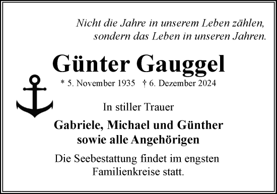 Traueranzeige von Günter Gauggel von Eckernförder Zeitung, Hallo Eckernförde