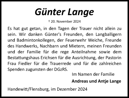 Traueranzeige von Günter Lange von Flensburger Tageblatt