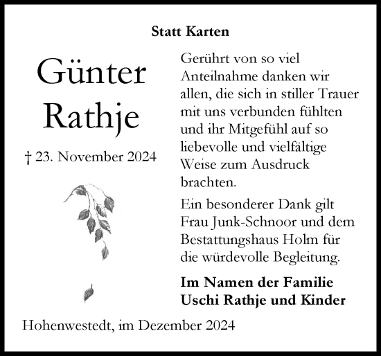 Traueranzeige von Günter Rathje von Schleswig-Holsteinische Landeszeitung