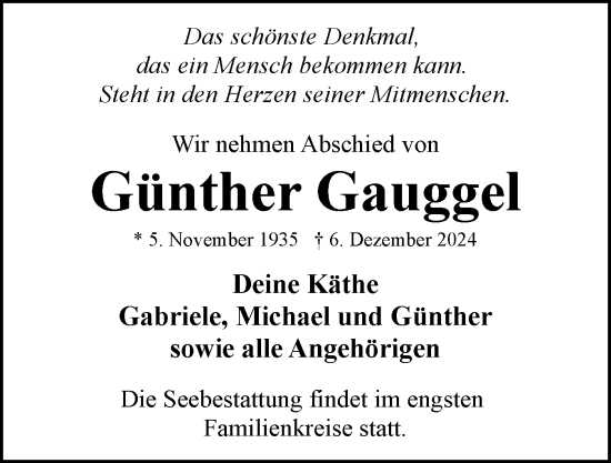 Traueranzeige von Günther Gauggel von Eckernförder Zeitung, Hallo Eckernförde
