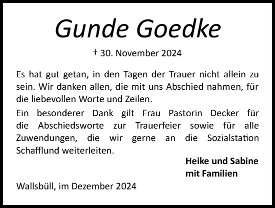 Traueranzeige von Gunde Goedke von Flensburger Tageblatt