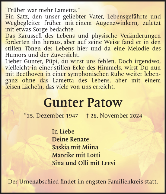 Traueranzeige von Gunter Patow von Uetersener Nachrichten, Der tip am Wochenende
