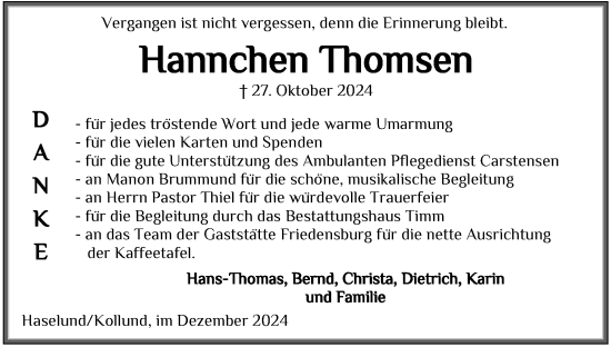Traueranzeige von Hannchen Thomsen von Husumer Nachrichten, Nordfriesland Tageblatt