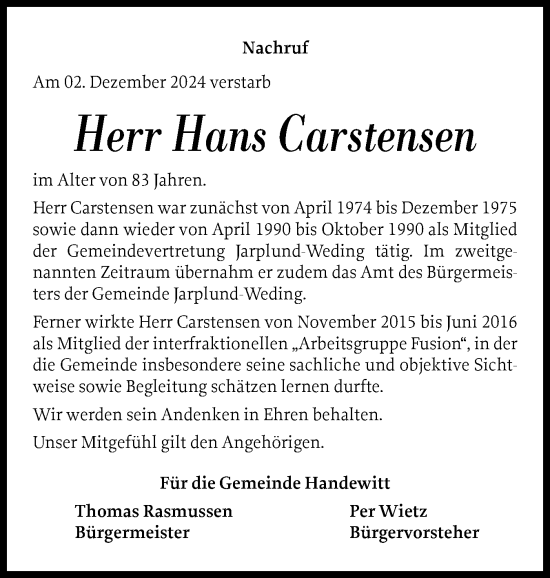 Traueranzeige von Hans Carstensen von Flensburger Tageblatt
