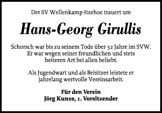 Traueranzeige von Hans-Georg Girullis von Norddeutsche Rundschau, Wilstersche Zeitung, Glückstädter Fortuna