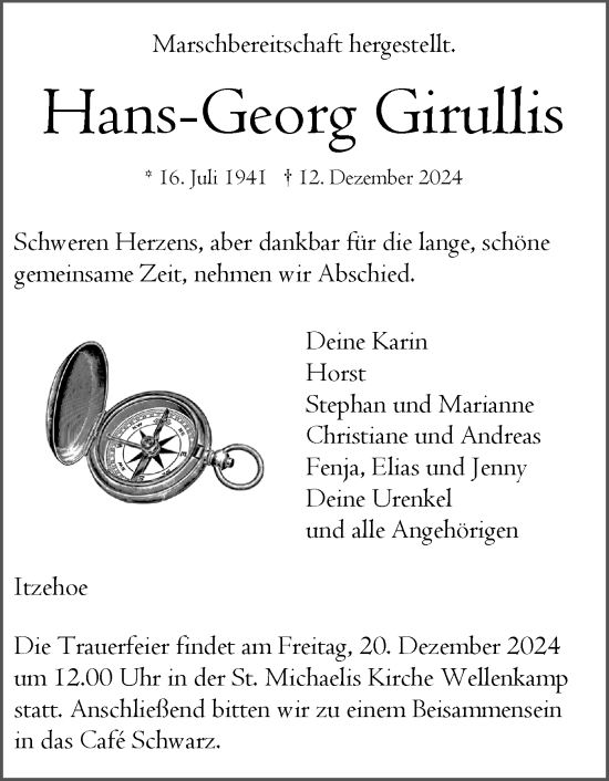 Traueranzeige von Hans-Georg Girullis von Norddeutsche Rundschau, Wilstersche Zeitung, Glückstädter Fortuna