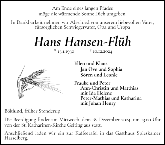 Traueranzeige von Hans Hansen-Flüh von Flensburger Tageblatt