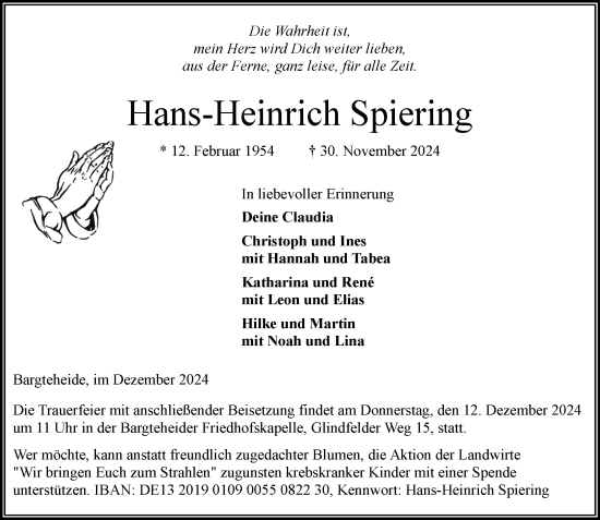 Traueranzeige von Hans-Heinrich Spiering von Stormaner Tageblatt