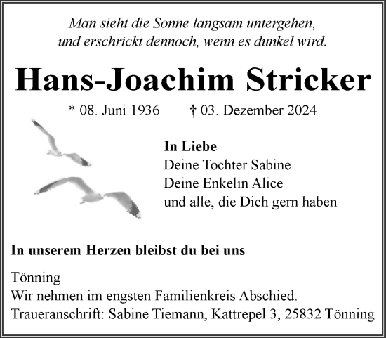 Traueranzeige von Hans-Joachim Stricker von Husumer Nachrichten, Nordfriesland Tageblatt
