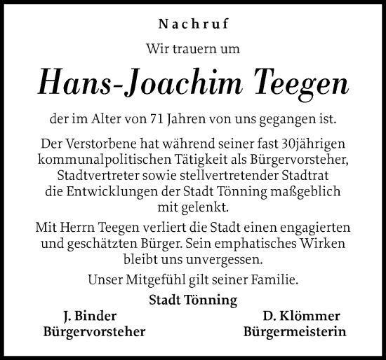Traueranzeige von Jochen Teegen von Husumer Nachrichten, Nordfriesland Tageblatt