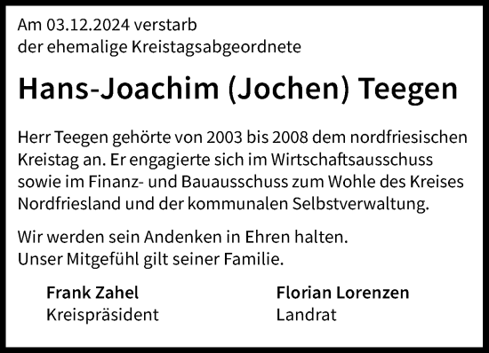 Traueranzeige von Jochen Teegen von Region Westküste