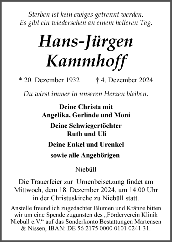 Traueranzeige von Hans-Jürgen Kammhoff von Husumer Nachrichten, Nordfriesland Tageblatt