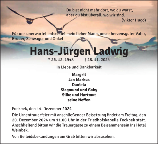 Traueranzeige von Hans-Jürgen Ladwig von Schleswig-Holsteinische Landeszeitung