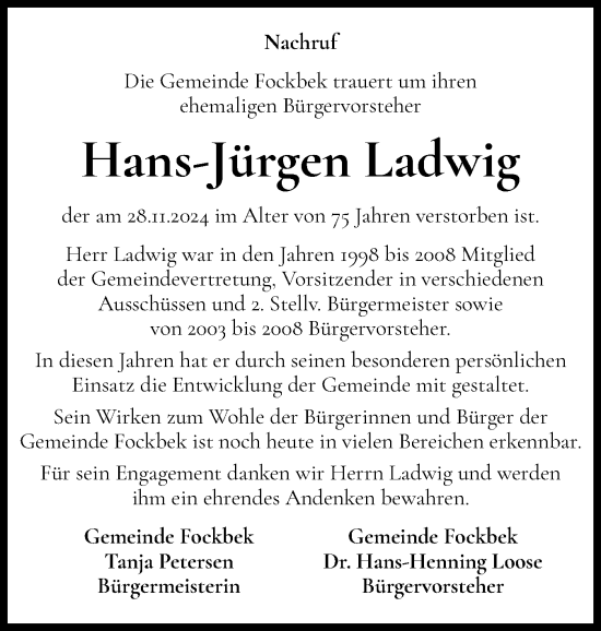 Traueranzeige von Hans-Jürgen Ladwig von Schleswig-Holsteinische Landeszeitung