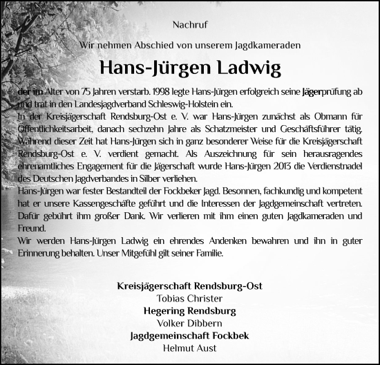 Traueranzeige von Hans-Jürgen Ladwig von Schleswig-Holsteinische Landeszeitung