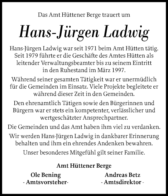 Traueranzeige von Hans-Jürgen Ladwig von Schleswig-Holsteinische Landeszeitung